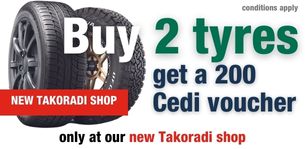 Opening offer for new store in Takoradi: Buy 2 tyres get a 200 Cedi voucher. Conditions apply. Only at our store on E-Akufo-Addo Road, next to Queensland Hotel, 450 m from Anaji traffic light.