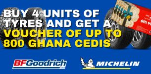 Buy 4 units of tyres and get a voucher of up to 800 Ghana Cedis. Terms and conditions apply.